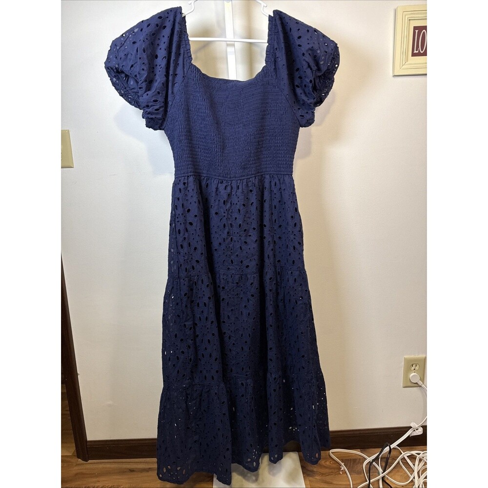 NEW Puff Sleeve Square Neck Smocked Tiered Eyelet Midi Dress sz L cottage smocke - Picture 7 of 7